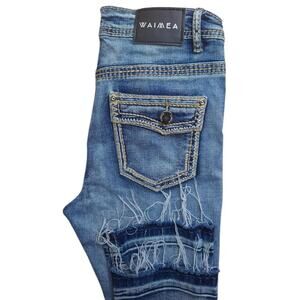 Waimea Stacked Fit Distressed Jeans Youth Size 16 Y2K Flap Pocket Stretch Denim